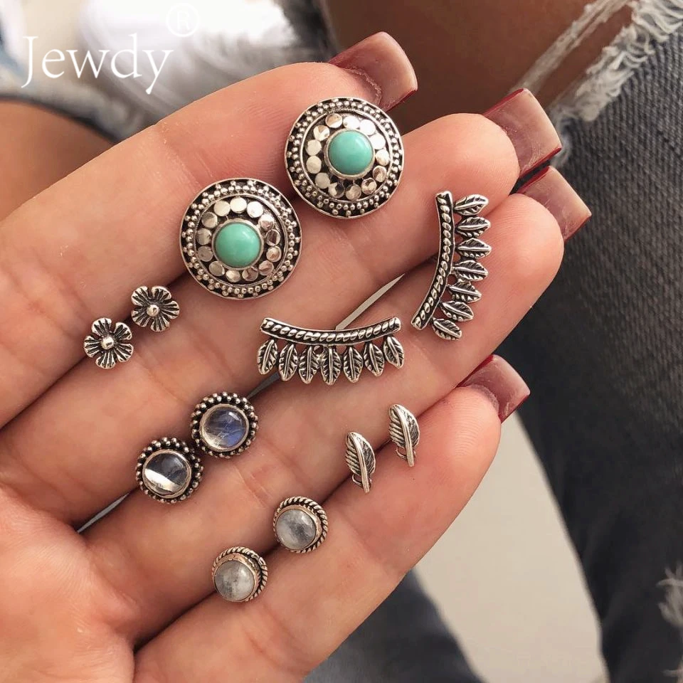 6 Pairs/Set Boho Silver Color Stud Earring Set Flower Crystal Retro