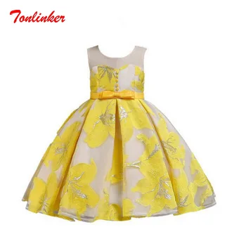 

Girls Princess Dress Embroidery Flowers Tutu Dress Tulle Shoulder Wedding Young Girls Birthday Party Prom Sleeveless Dress
