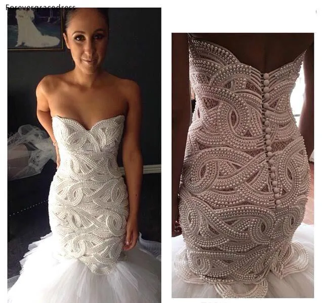 Luxury Heavy Beads Pearls Mermaid Wedding Dresses Dubai Arabic Sweetheart Low Back Court Train Bridal Gowns Custom Made BA3780  289 (7)