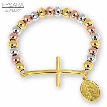 FYSARA Stainless Steel Beaded Bracelets For Women Men Religion Virgin Mary Rosary Cross Stretch Strand Bracelets Couple Jewelry