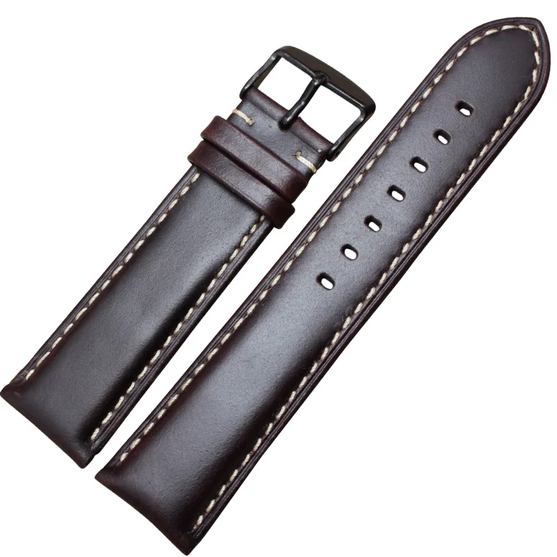 Elegant Genuine Leather Watch Band Strap – Black & Dark Brown with Polished Buckle