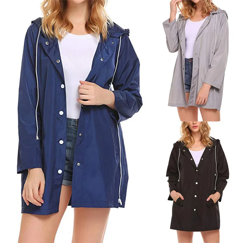 

2018 autumn winter Women trench fashion Solid trench Lightweight Raincoat Hooded Button Waterproof Active Outdoor outwear #SA