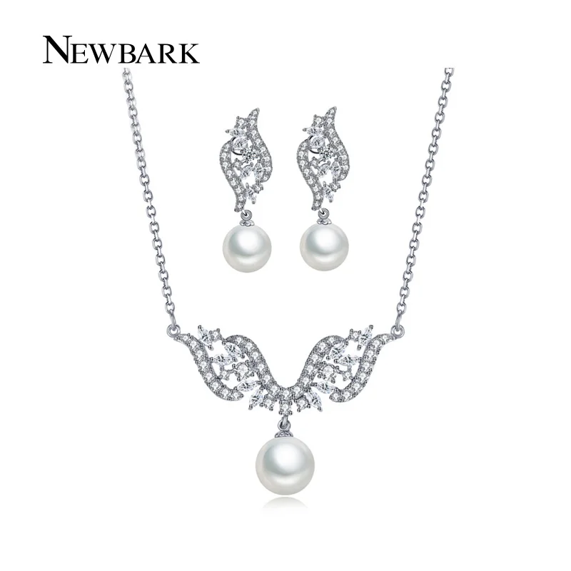 font b NEWBARK b font Simulated Pearl Jewelry Sets CZ Diamond White Gold Plated Earrings