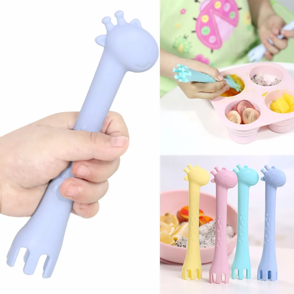 Rodent Silicone Feeding Spoon Infant Training Spoon Giraffe Kids Baby Feeding Spoon Fork Giraffe Baby Teething Soothing Toy