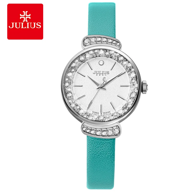 

JULIUS Women's Fashion Dress Watch Rhinestone Watches Mint Green Pink Leather Strap Slim Watch for Small Wrist Relogio C1