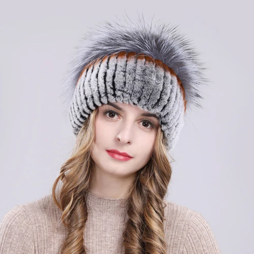 Outdoor Women Warm Soft Genuine Rex Rabbit Fur Hat Knitted Natural Real Sliver Fox Fur Caps Winter Real Rabbit Fur Beanies Hats - Цвет: color 6