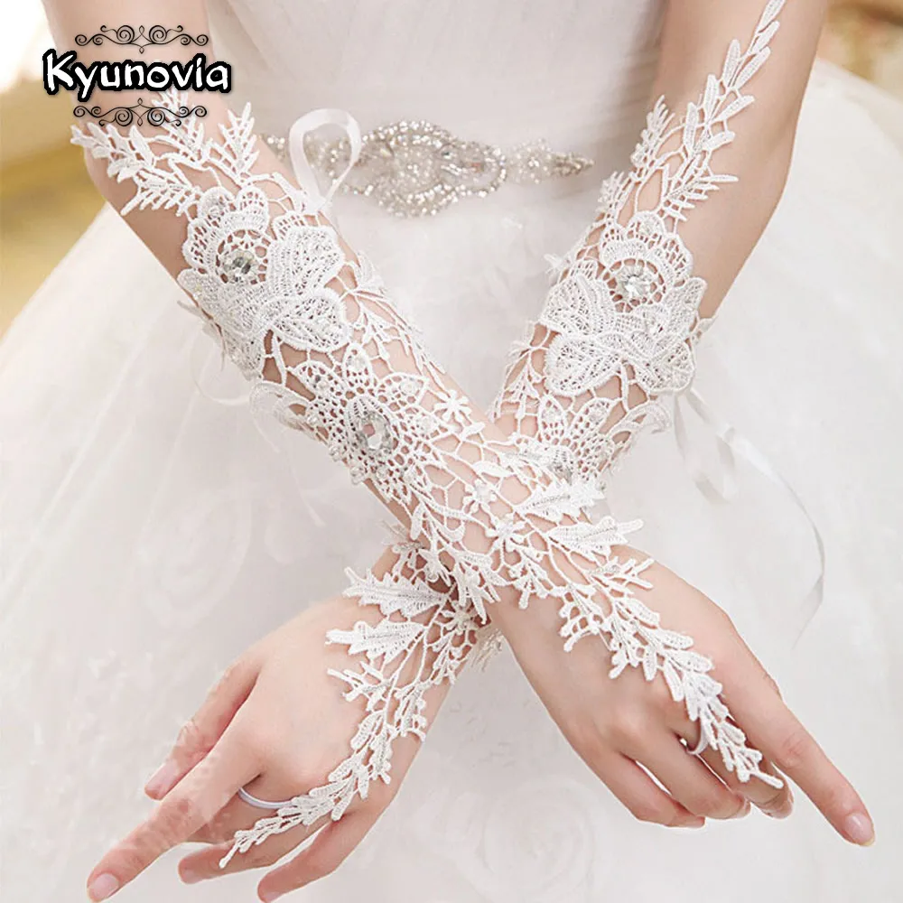 Kyunovia White Short Glovrs Fingerless Length Elbow Bridal Lace