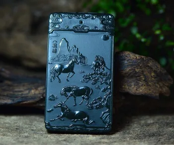 

atural Xinjiang Hetian Jade Green First-class Fine Eight Horses Figure Ma to Success Pendant hp353#