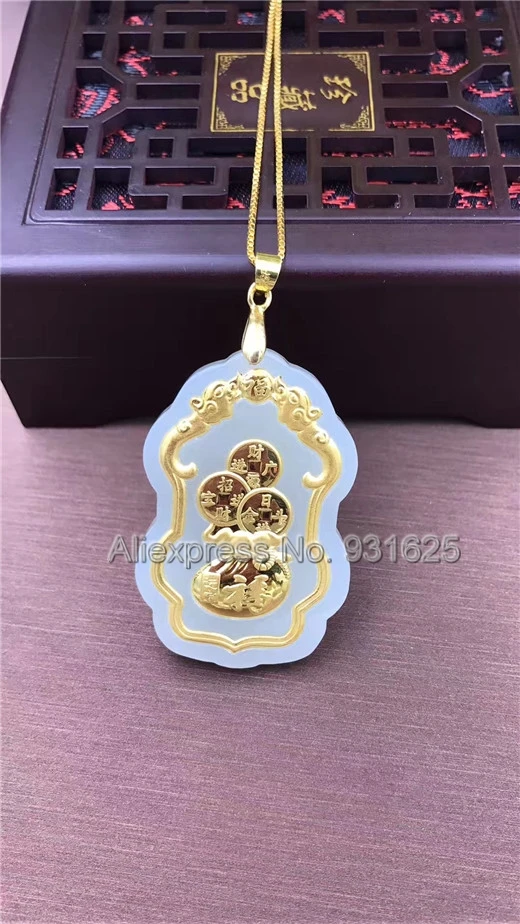 

Natural White HeTian Yu + Full Gold Inlaid Carved Coin Money Bag Style Lucky Pendant Necklace + Certificate Fashion Jewelry