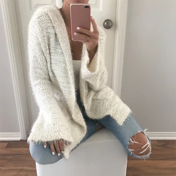 

Autumn Loose Sweater Cardigan Outwear With Pocket Warm Femme Open Stitch Women Casual Long Knitted Hooded Sweater