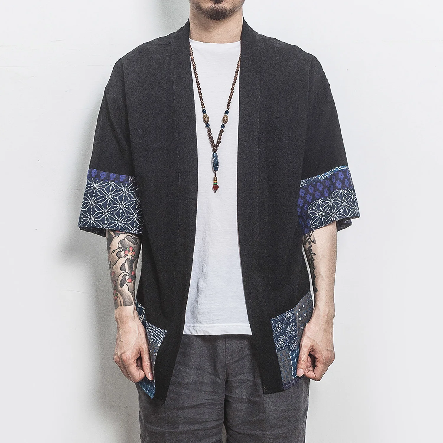 Kung Fu Smith Mens Linen Designer Patchwork False 2-in-1 Warrior Trousers Pants