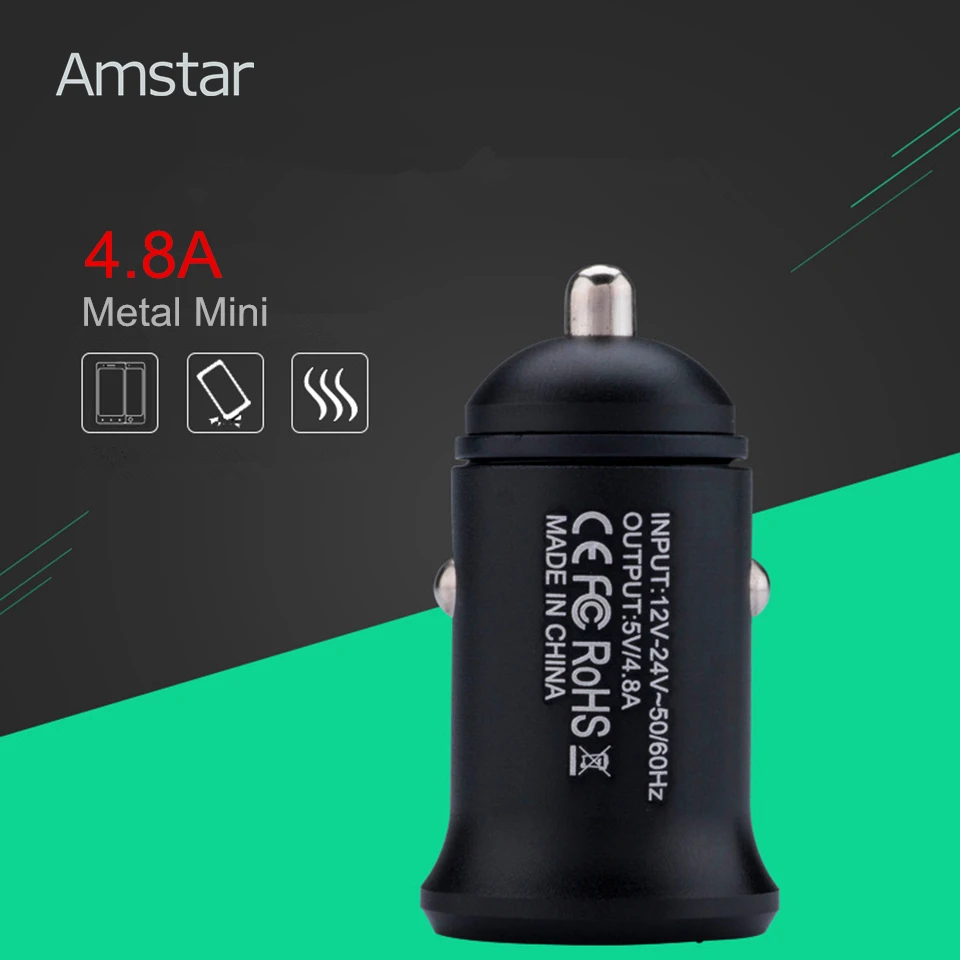 Amstar двойной USB мини автомобильное зарядное устройство адаптер 4.8A металлическое автомобильное зарядное устройство для мобильного телефона автомобильное USB зарядное устройство автоматическая зарядка 24 Вт для samsung iPhone