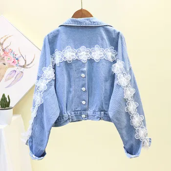 

Light Denim Jacket 2019 Spring Korean Women Jackets Loose Three-dimensional Lace Flower Bat Sleeve Denim Blue Short Jeans Jacket