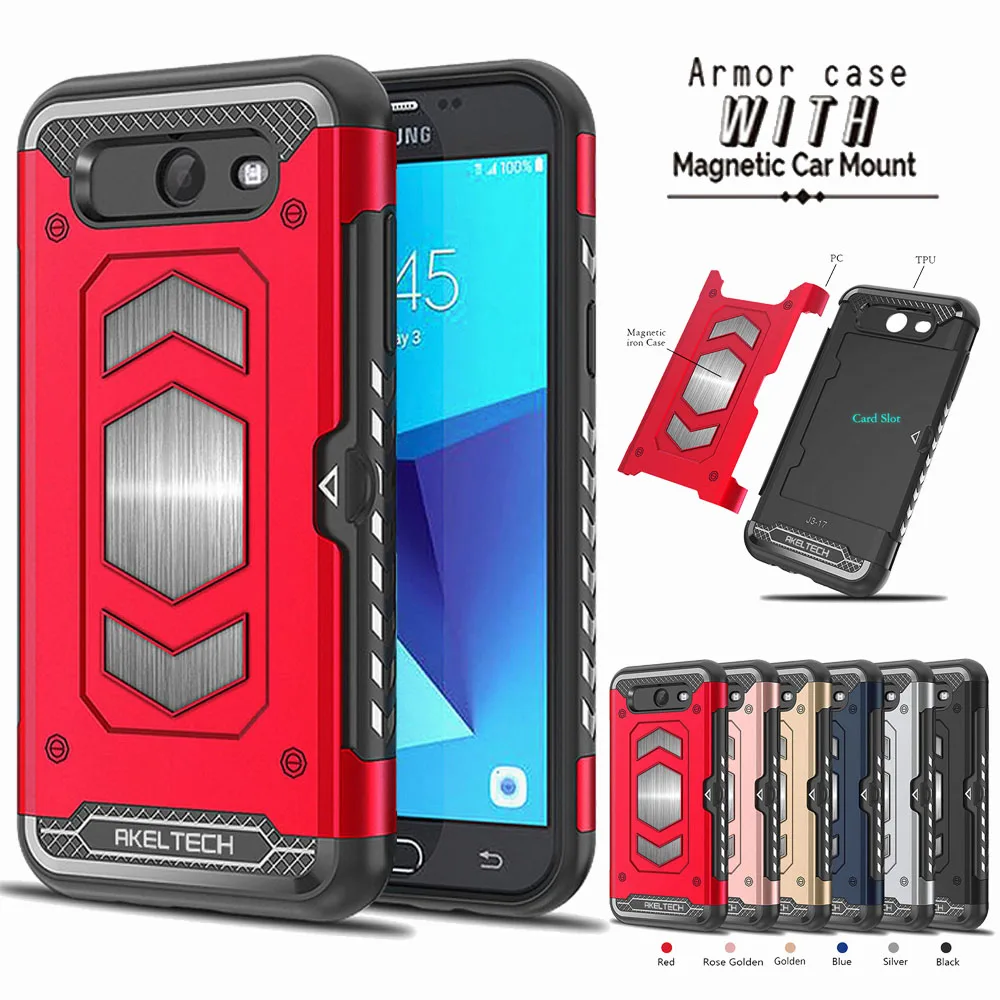 

Magnetic Brave Armor Case Card Slot Holder Car Mount Cover For Samsung Galaxy J7 V J727V/J7 Perx J727P/J7 Sky Pro/J7 2017/Halo