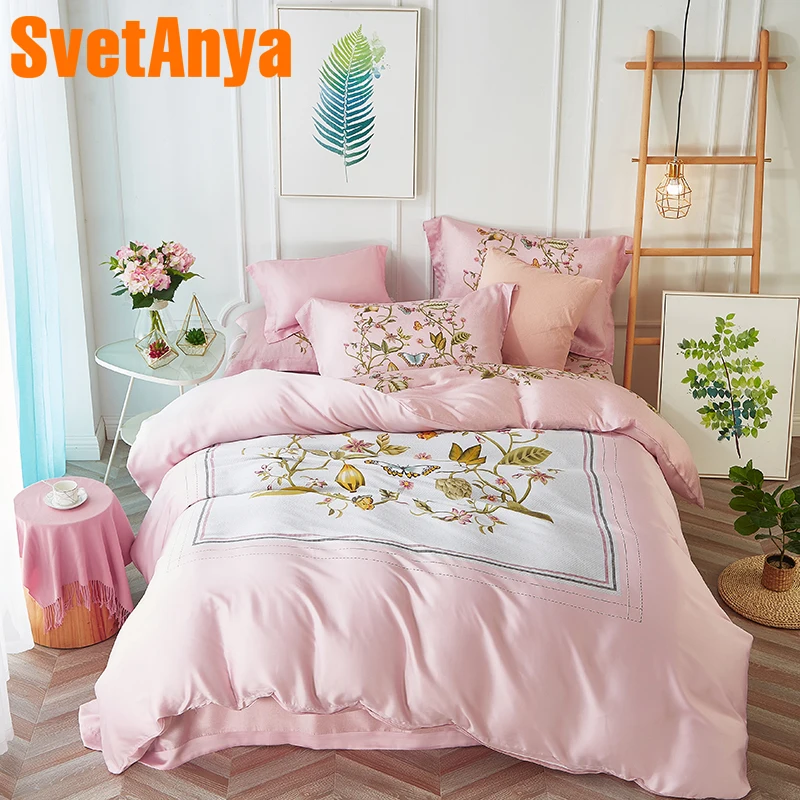 

Svetanya Artificial Silk Bedding Set Butterfly Print Bedlinen Queen Double King Size Bedsheet Pillowcase Duvet Cover Sets Pink