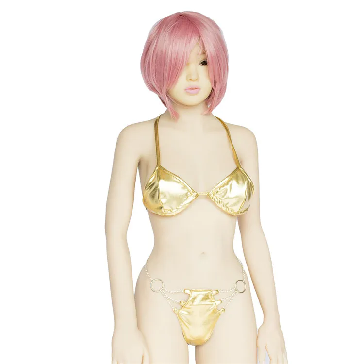 

Fashion Wet Look Shiny Halter Bra Top and Metal Chained Thong Seductive Bikini Lingerie Set