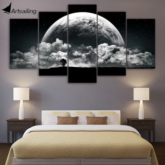 Artsailing Hd Canvas Paintings Printed 5 Pieces Black White Earth Artsailing Hd Canvas Paintings Printed 5 Pieces Black White Earth Wall Art Pictures For Living Room