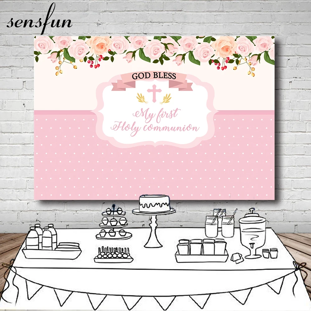 

Sensfun Girls Holy Communion Baptism Baby Shower Backdrop Flower Pink Theme Birthday Party Photography Backgrounds 7x5ft