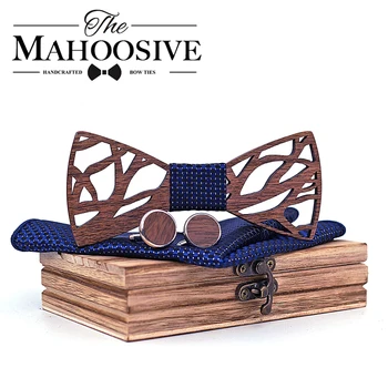 

Wood Bow tie Handkerchief Cufflinks Set for Men Gift Wooden Bow Tie Bowknots for Wedding Party Ties Pocket Square Hanky Cravat