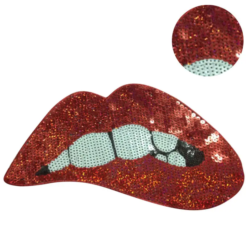 Buy Sew iron on Appliques Clothes Embroidered sequins Red Lip patches for