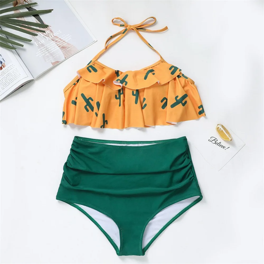 

Women Retro Flounce High Waisted Bikini multicolors Halter Neck Sexy Bikini for Beach Two Piece Swimsuit for girls 1pc I301211