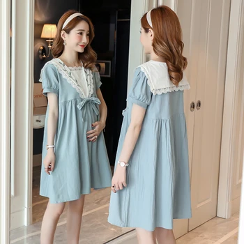 

Maternity casual dress short sleeve lace maternity gowns loose A-line pregnancy clothes dresses Korean maternity clothes