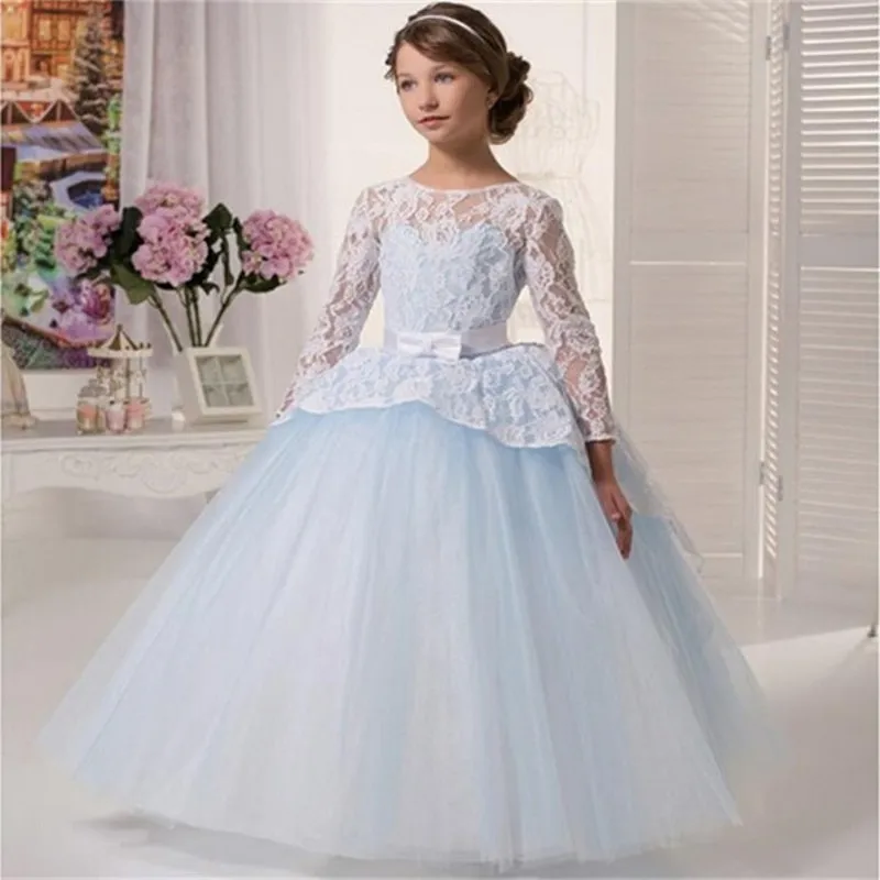 Lace Flower Girl Dresses 2017 Custom Backless Long Sleeve Baby Blue