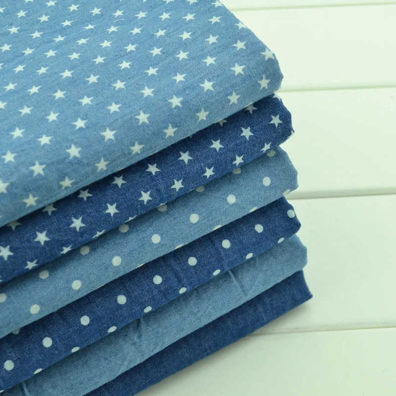 

Thin 100% Cotton Denim Fabric Star Dot Pattern Thirt Trousers Manual Cloth Stonewashing