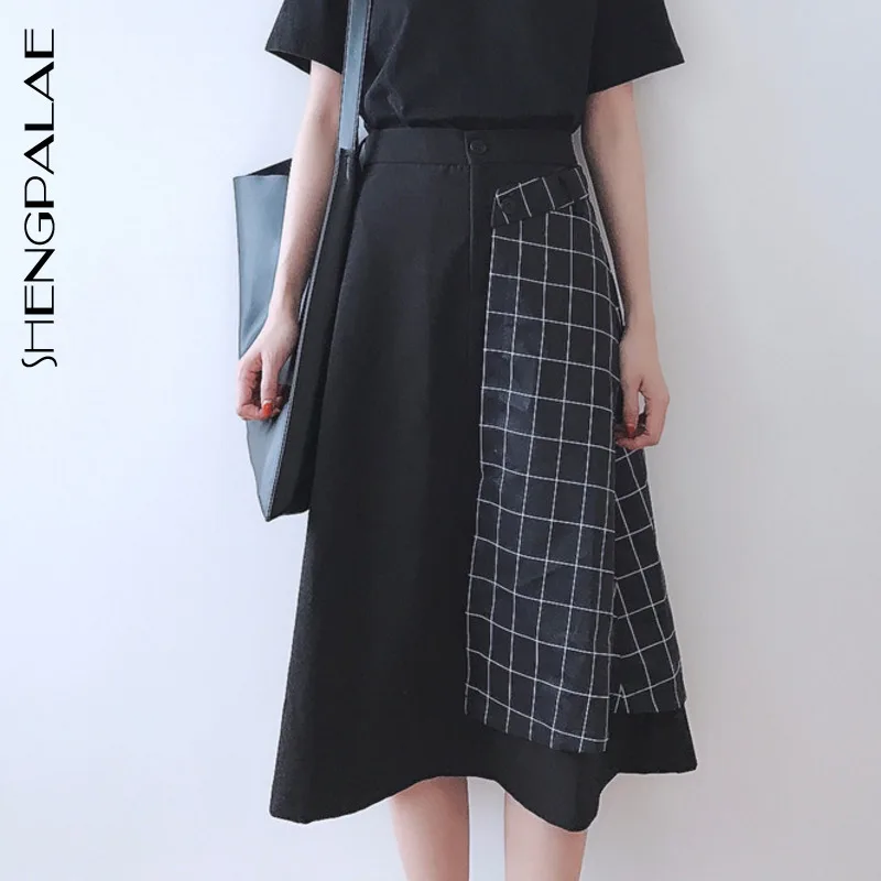 

SHENGPALAE 2019 New Spring Summer Vintage Pocket Plaid Women Skirt High-waist Slim Patchwork A-line Skirt For Female HD658