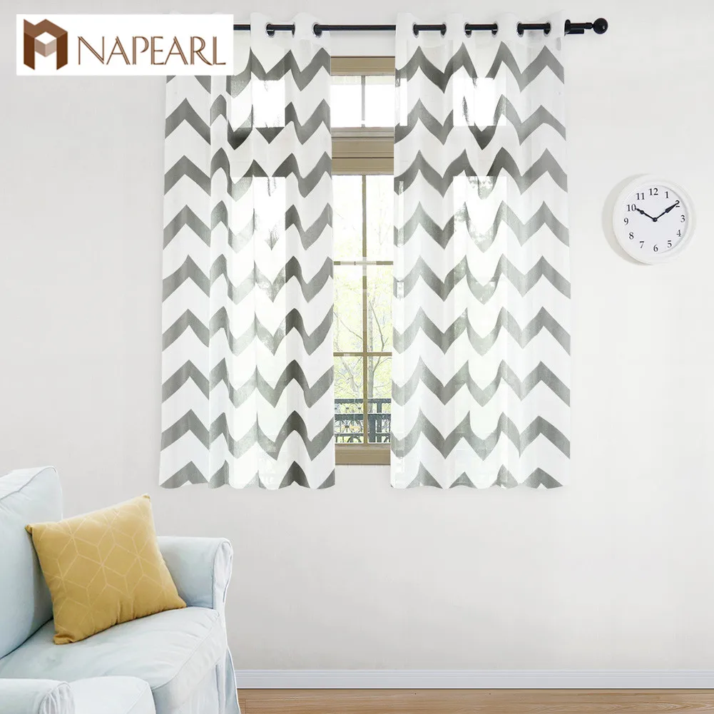 

NAPEARL 1 Piece Short Sheer Curtains Wavy Stripe Jacquard Drops Grommet Eyelets Thread Fabric For Bedroom Windows Simple Tulle