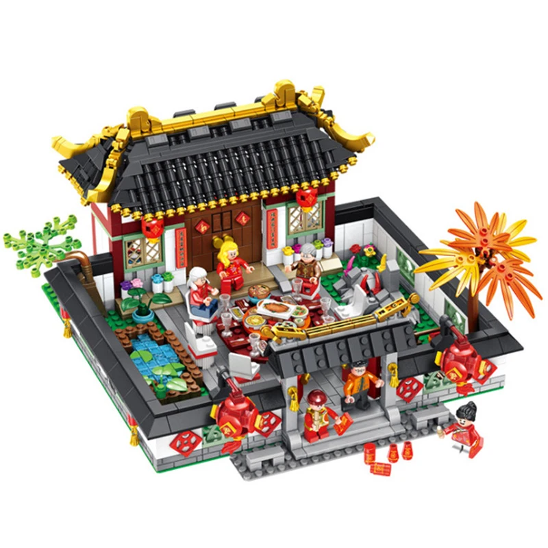 

DIY Chinese Style New Year Eve Dinner Building Blocks Set Kits Bricks Educational Toys Compatible with Legoingly for Kids Gifts