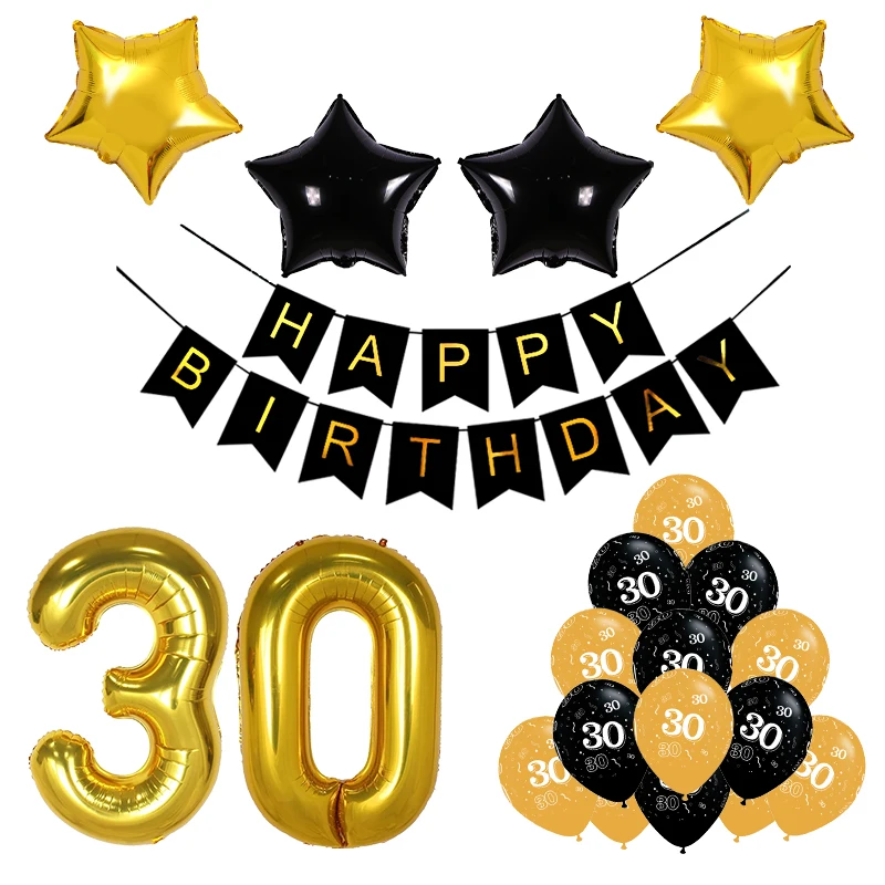 Prata E Preto 30TH Feliz Aniversário Balões Pacote De 6 De Ouro