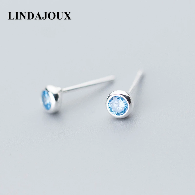 

Tiny 925 Sterling Silver Blue Pink Round Clear Zircon Stud Earrings For Women sterling-silver-jewelry Drop Ship