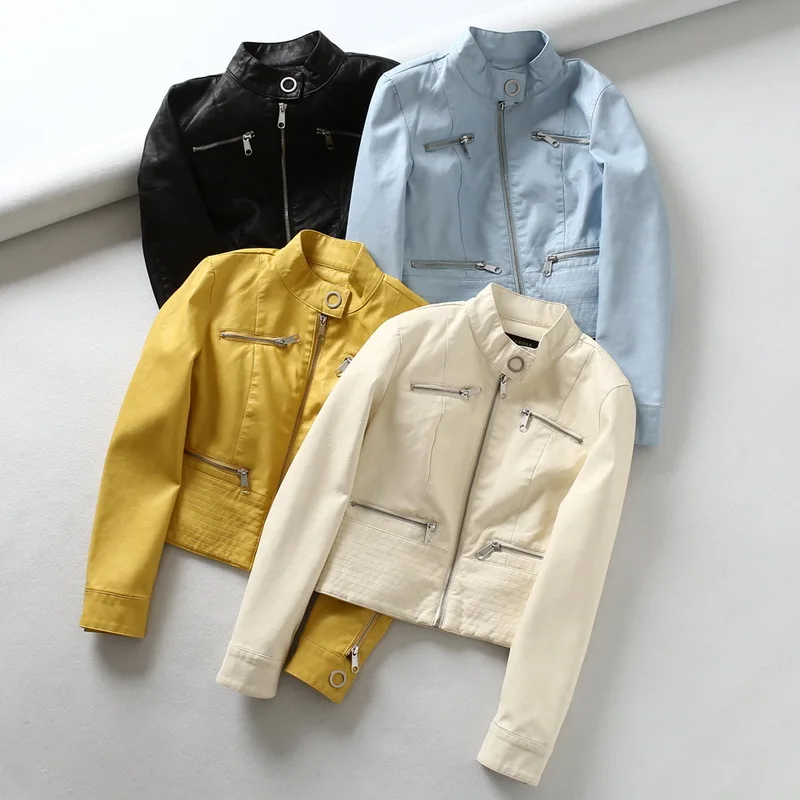 

2019 New Ladies Faux Leather Jacket Fashion Spring Atumn Stand Collar Slim Zipper Punk Basic Pvc Coats Womens Street Outerwear
