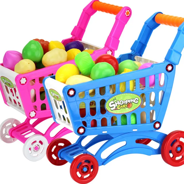16Pcs Shopping Trolley Cart Supermarket Trolley Push Car Toys Basket Mini Simulation Fruit Food Pretend Play Toy For Children 2
