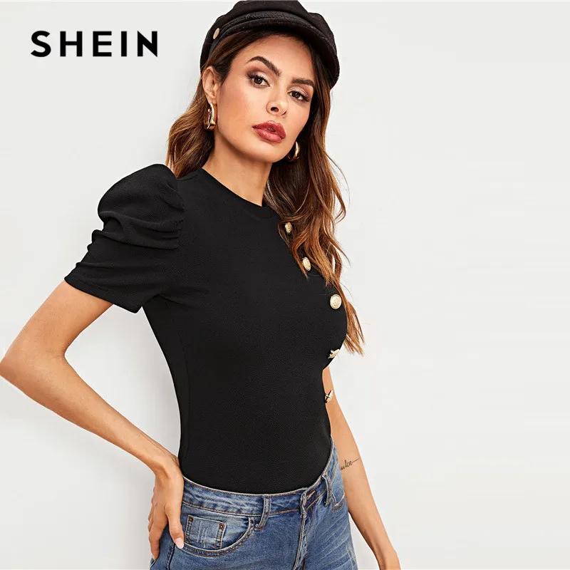 SHEIN Однотонный Топ С Коротким Рукавом И Пуговицами Стильная Блузка