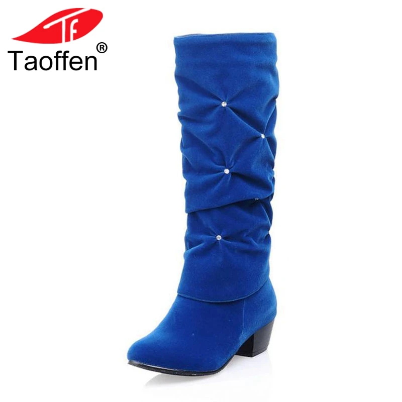 

TAOFFEN Office Lady High Heels Boots Crystal Mid Calf Boots Warm Fur Shoes Women Winter Fashion Vintage Footwear Size 34-43