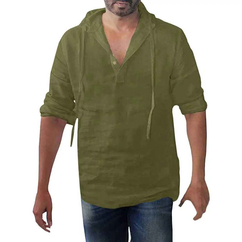 3XL мужские мешковатые хлопковые льняные однотонные рубашки на пуговицах размера плюс с длинным рукавом и капюшоном топы лето Новая блузка camiseta hombre - Цвет: Армейский зеленый