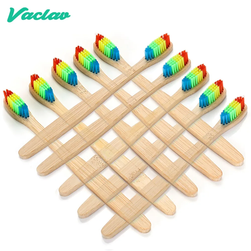 Vaclav 10Pcs Environmentally Wood Toothbrush Novelty Bamboo Tooth Brush Bamboo Fibre Wooden Handle Teeth Whitening Rainbow
