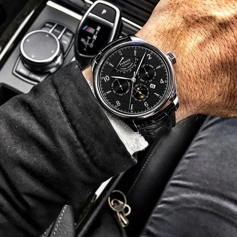 Мужские механические часы Parnis 42 мм с черным циферблатом и кожаным ремешком Miyota 9100, автоматические мужские часы с фазой Луны, мужские часы jam tangan pria