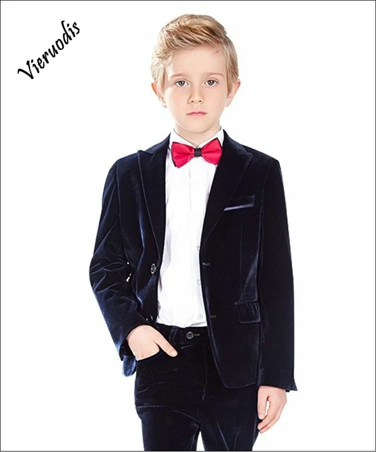 106-1         Groom Wedding Navy Velvet Children Suits Custom Size Boys' Party Tuxedos Dress