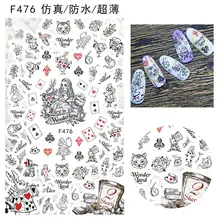 1 лист линии Рисунок кошка розы цветы леди Алиса в стране чудес покер галстук-бабочка водонепроницаемый клей дизайн ногтей наклейки F47X