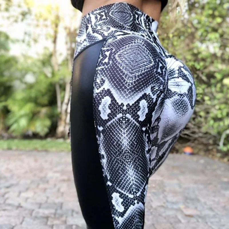 

Dropshipping 2019 Push up Fitness Sexy Leggings Women White Snake Print Leggings Black PU Leather Patckwork Workout Leggings