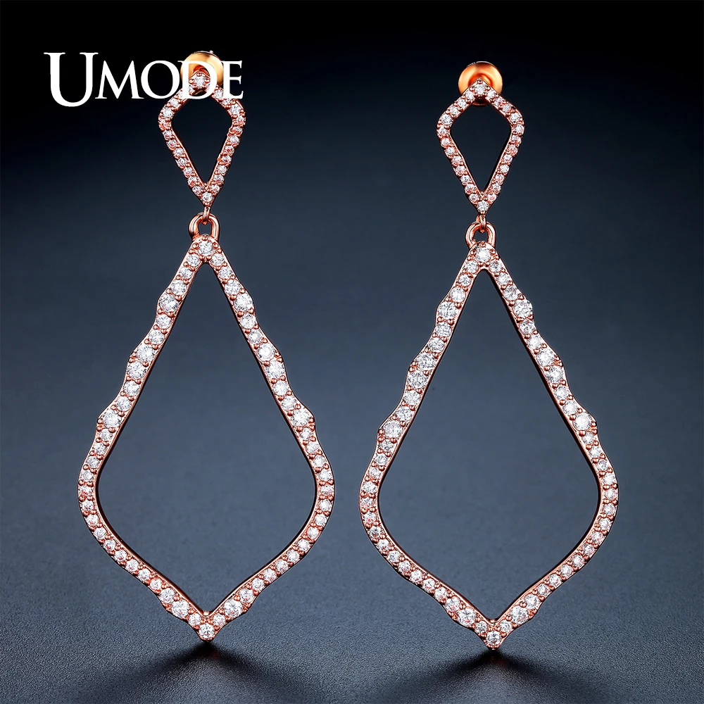 UMODE New Big Long Hollow Rhombus Drop Earrings for Women Rose Gold Color Boucle D'oreille Fashion Jewelry Christmas Gift UE0319