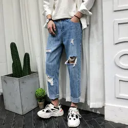 Летние новые джинсы мужские модные однотонные рваные джинсовые брюки с дырками мужские уличные трендовые свободные брюки в стиле хип-хоп