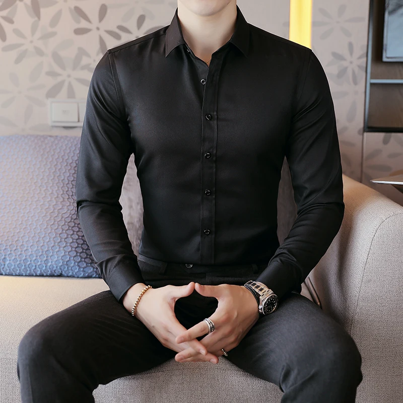 New Smart Casual Shirts Men Wedding Business Party Formal Business Men Dress Shirts Male Solid White 2