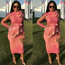 Розовые коктейльные платья футляр с высоким воротником Длинные рукава с аппликацией Кружева Элегантные платья для выпускного вечера