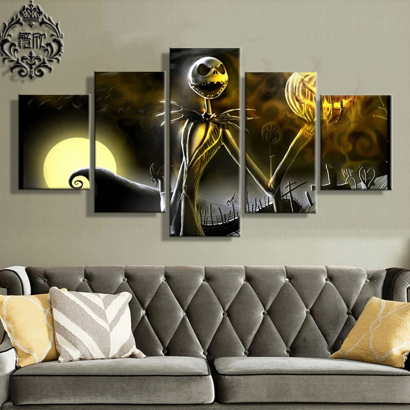 

Canvas Printed Painting Artwork Pictures 5 Pieces Home Decor For Living Room Jack Skellington Modern Wall Art Poster Cuadros