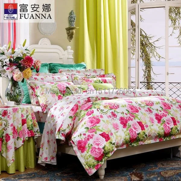 FU'AN'NA 2015 hot sale quilt Satin bedding set green floral bedding