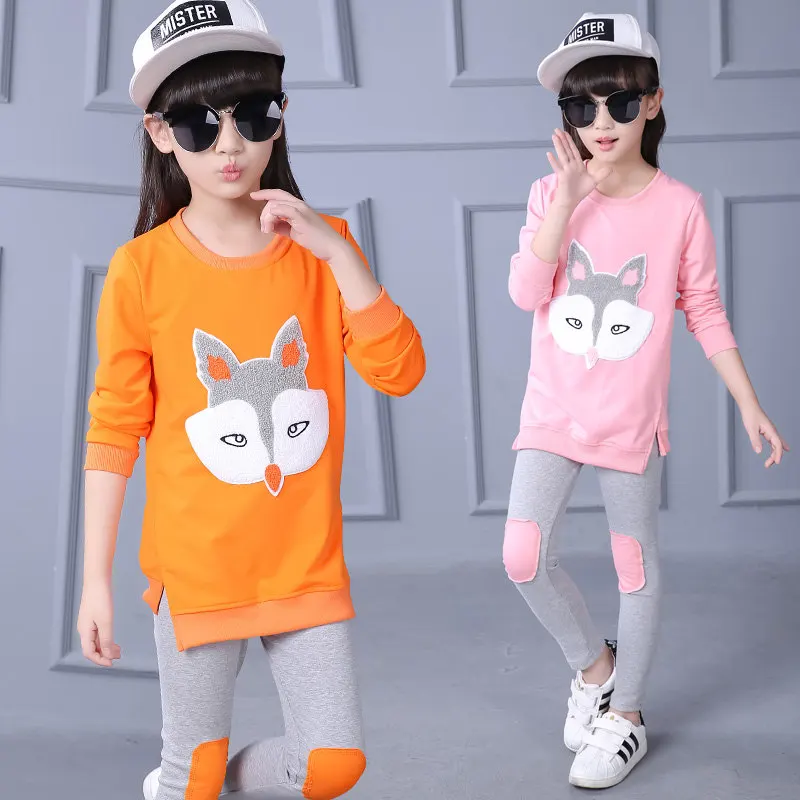 

fashion girls clothes set girl clothing sets cartoon fox fleece inside warm sweatshirt + pants tracksuit set autumn spring wear